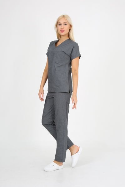 Doktor Hemşire Forması Gri Melanj  Scrubs Takım Terikoton Unisex Gri Melanj - S