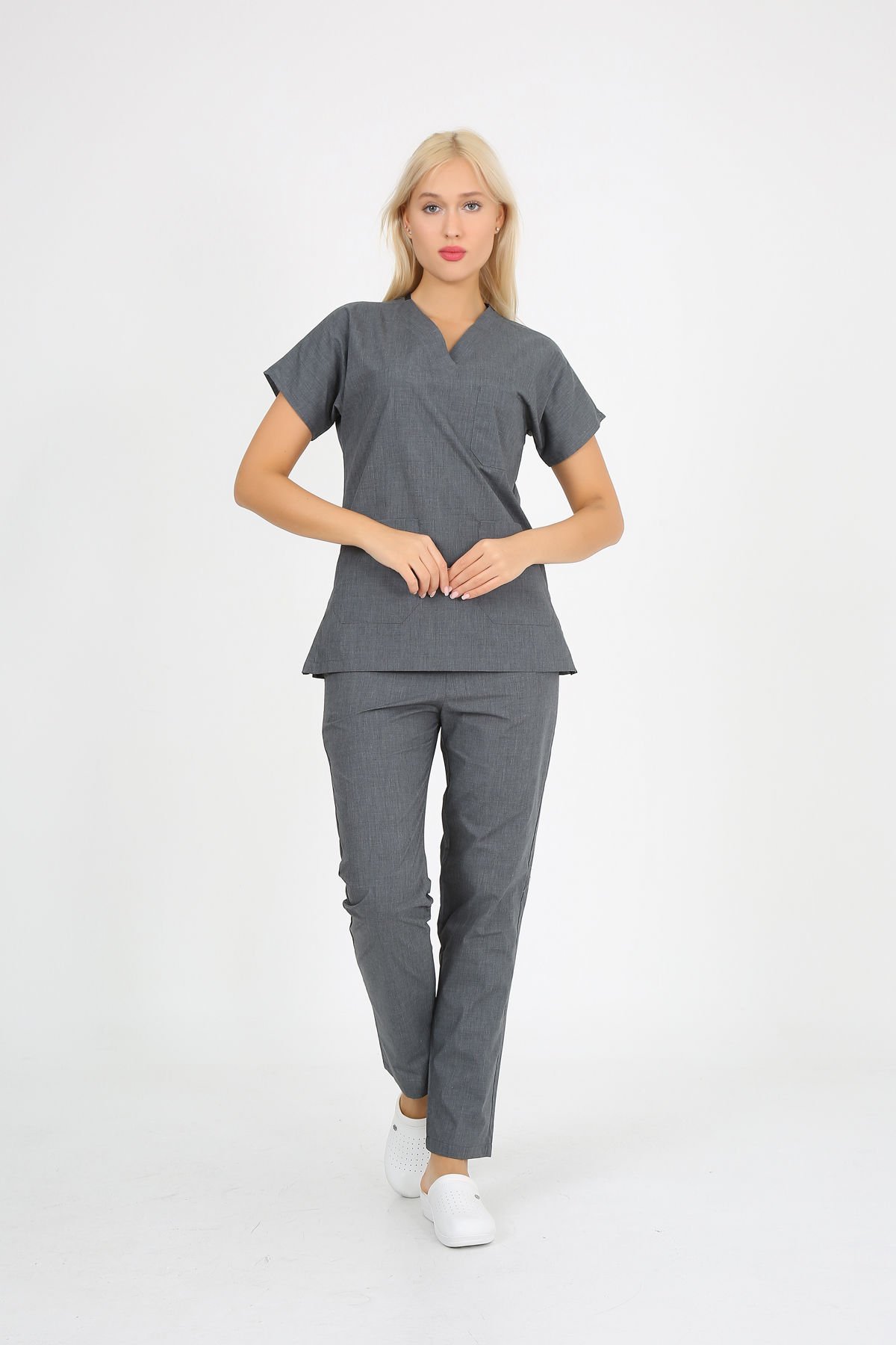 Doktor Hemşire Forması Gri Melanj  Scrubs Takım Terikoton Unisex Gri Melanj - S