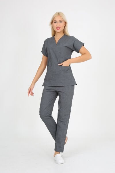 Doktor Hemşire Forması Gri Melanj  Scrubs Takım Terikoton Unisex Gri Melanj - L