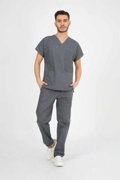 Doktor Hemşire Forması Gri Melanj  Scrubs Takım Terikoton Unisex Gri Melanj - L