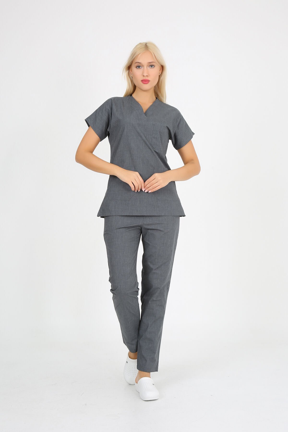 Doktor Hemşire Forması Gri Melanj  Scrubs Takım Terikoton Unisex Gri Melanj - L