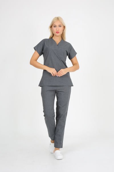 Doktor Hemşire Forması Gri Melanj  Scrubs Takım Terikoton Unisex Gri Melanj - XXL