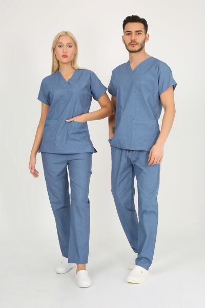 Doktor Hemşire Forması Mavi Melanj Scrubs Takım Terikoton Unisex