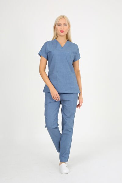 Doktor Hemşire Forması Mavi Melanj Scrubs Takım Terikoton Unisex Mavi Melanj - XXL