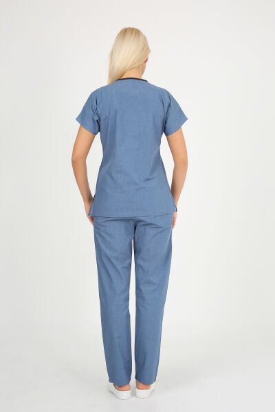 Doktor Hemşire Forması Mavi Melanj Scrubs Takım Terikoton Unisex Mavi Melanj - XXL