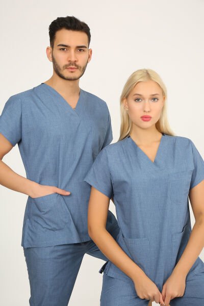 Doktor Hemşire Forması Mavi Melanj Scrubs Takım Terikoton Unisex Mavi Melanj - XXL