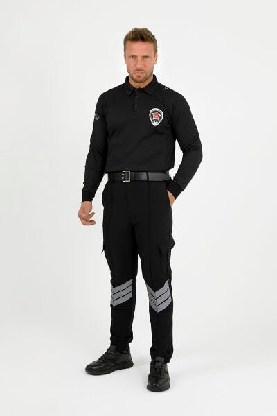 Siyah Uzun Kol Polo Yaka Sweatshirt Özel Güvenlik (Drytouch)(Sırt Baskılı-Armalı)