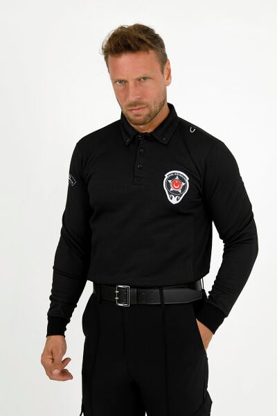 Siyah Uzun Kol Polo Yaka Sweatshirt Özel Güvenlik (Drytouch)(Sırt Baskılı-Armalı)
