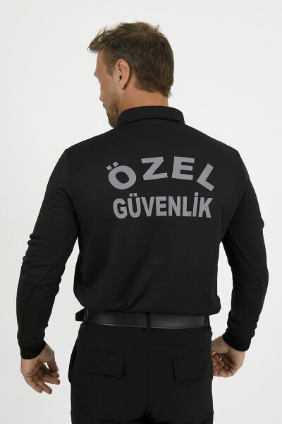 Siyah Uzun Kol Polo Yaka Sweatshirt Özel Güvenlik (Drytouch)(Sırt Baskılı-Armalı)