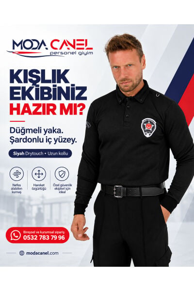 Siyah Uzun Kol Polo Yaka Sweatshirt Özel Güvenlik (Drytouch)(Sırt Baskılı-Armalı)
