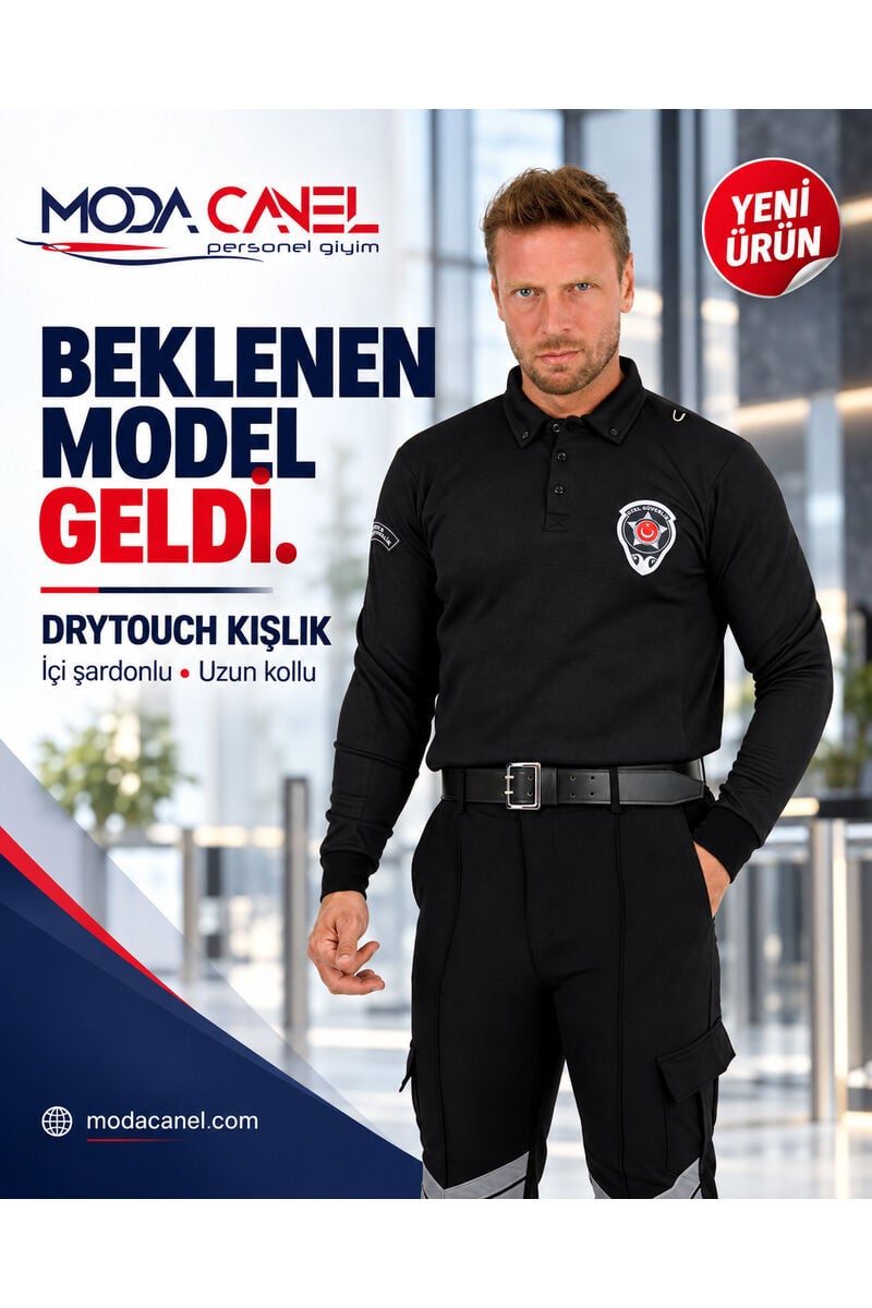 Siyah Uzun Kol Polo Yaka Sweatshirt Özel Güvenlik (Drytouch)(Sırt Baskılı-Armalı)