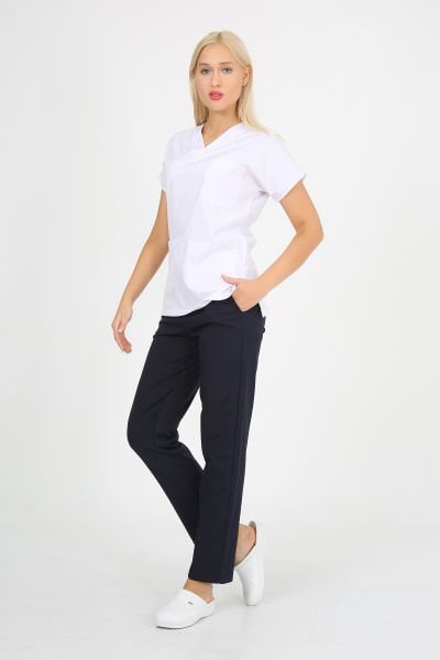 Likralı V Yaka Beyaz Ceket Lacivert Pantolon Cerrahi Forma L