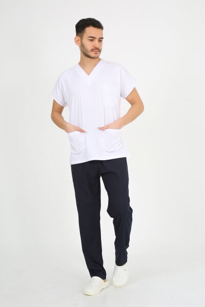 Likralı V Yaka Beyaz Ceket Lacivert Pantolon Cerrahi Forma XL