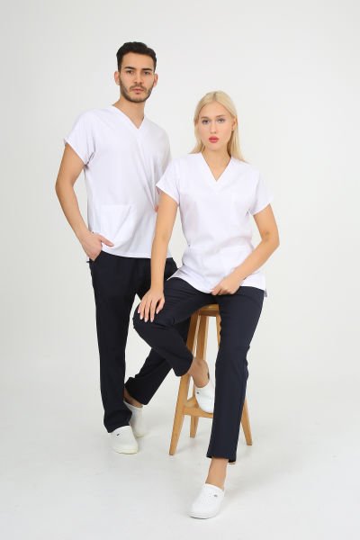 Likralı V Yaka Beyaz Ceket Lacivert Pantolon Cerrahi Forma XS