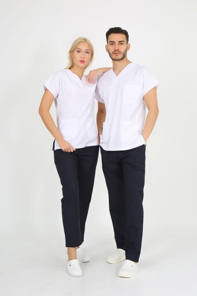 Likralı V Yaka Beyaz Ceket Lacivert Pantolon Cerrahi Forma XS