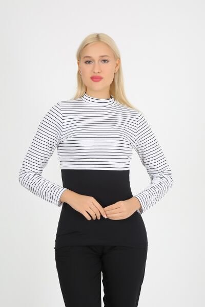 Crop Likralı Beyaz Siyah Çizgili Crop İçlik